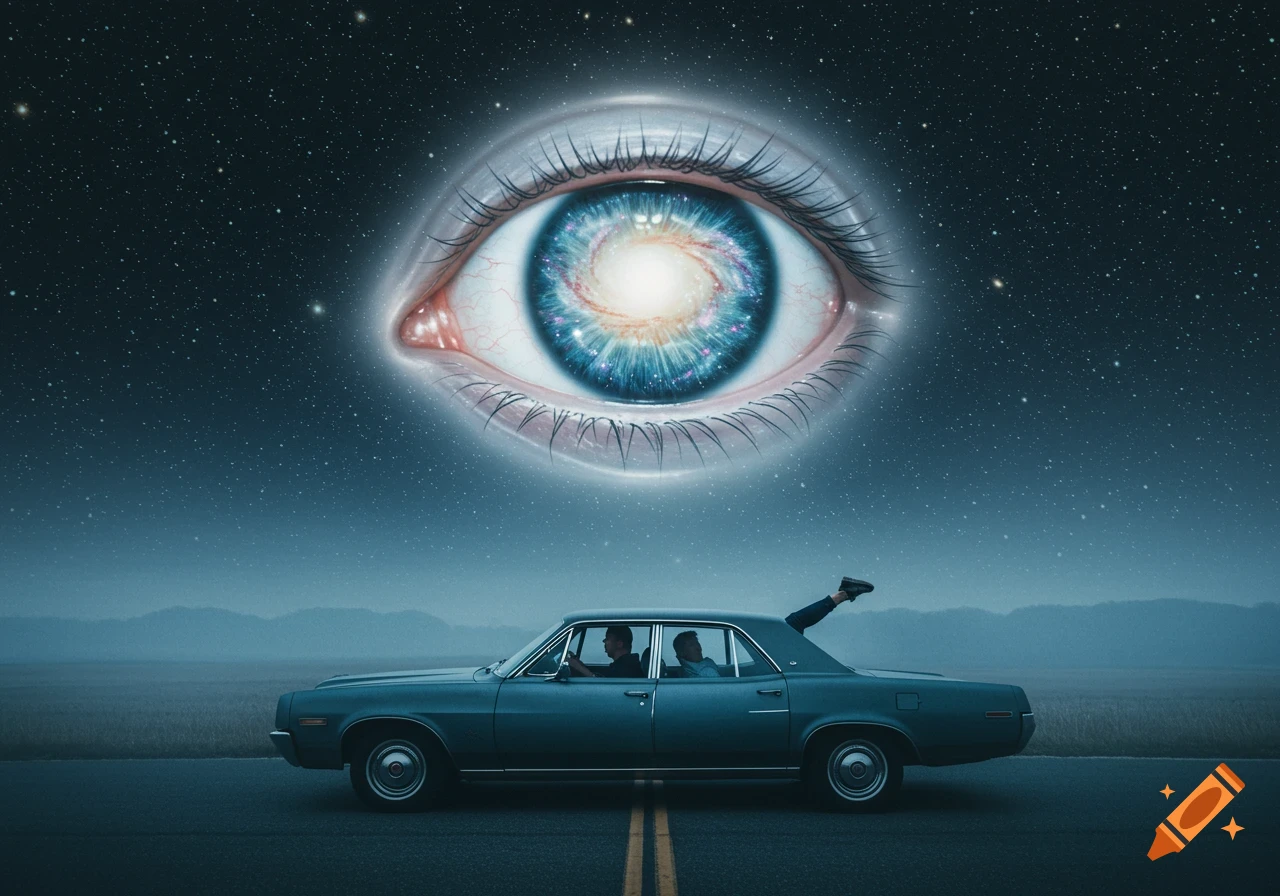 A large cosmic eye watches a blue car on a road under a starry night sky, with legs sticking out of the car window.
