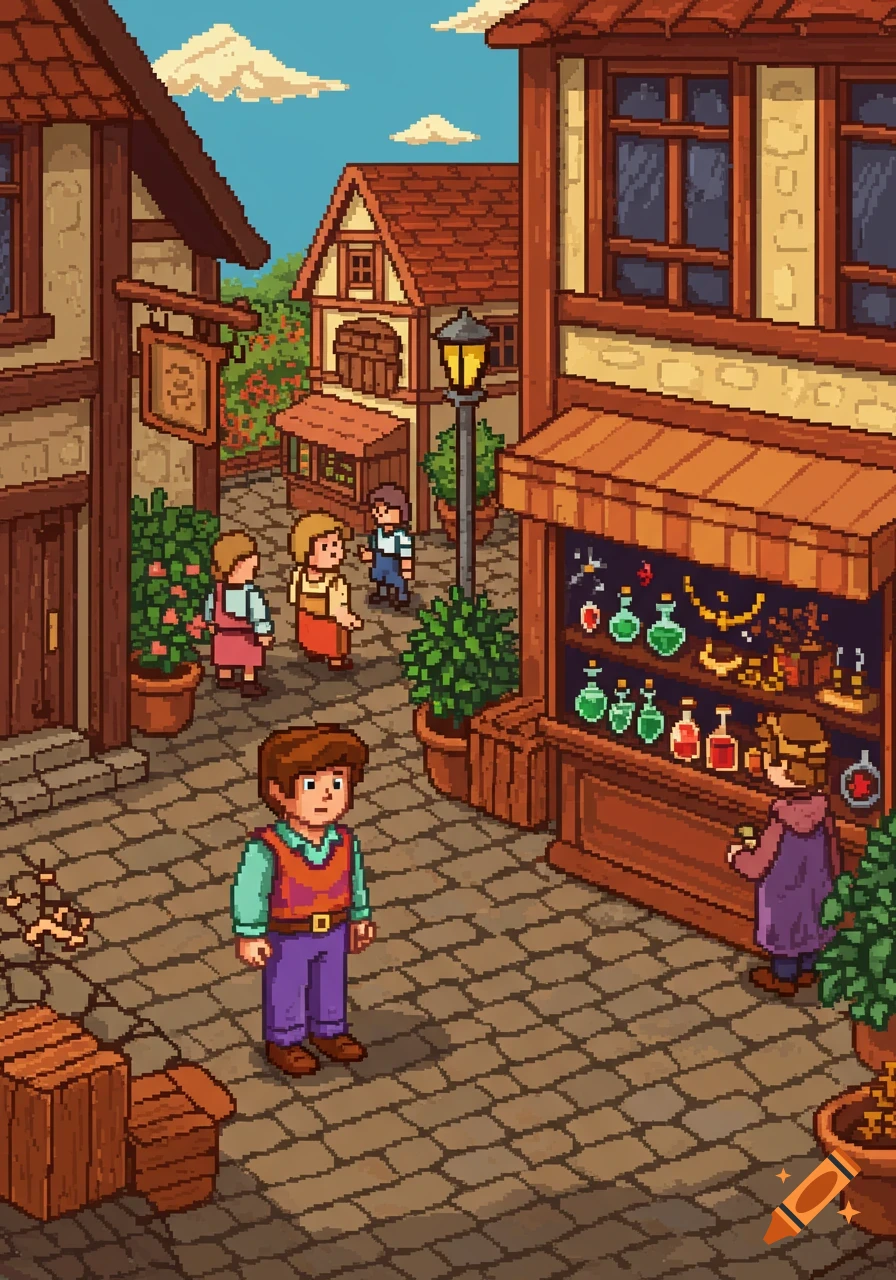 A colorful pixel art scene of a bustling medieval town street, with people walking past shops and buildings.