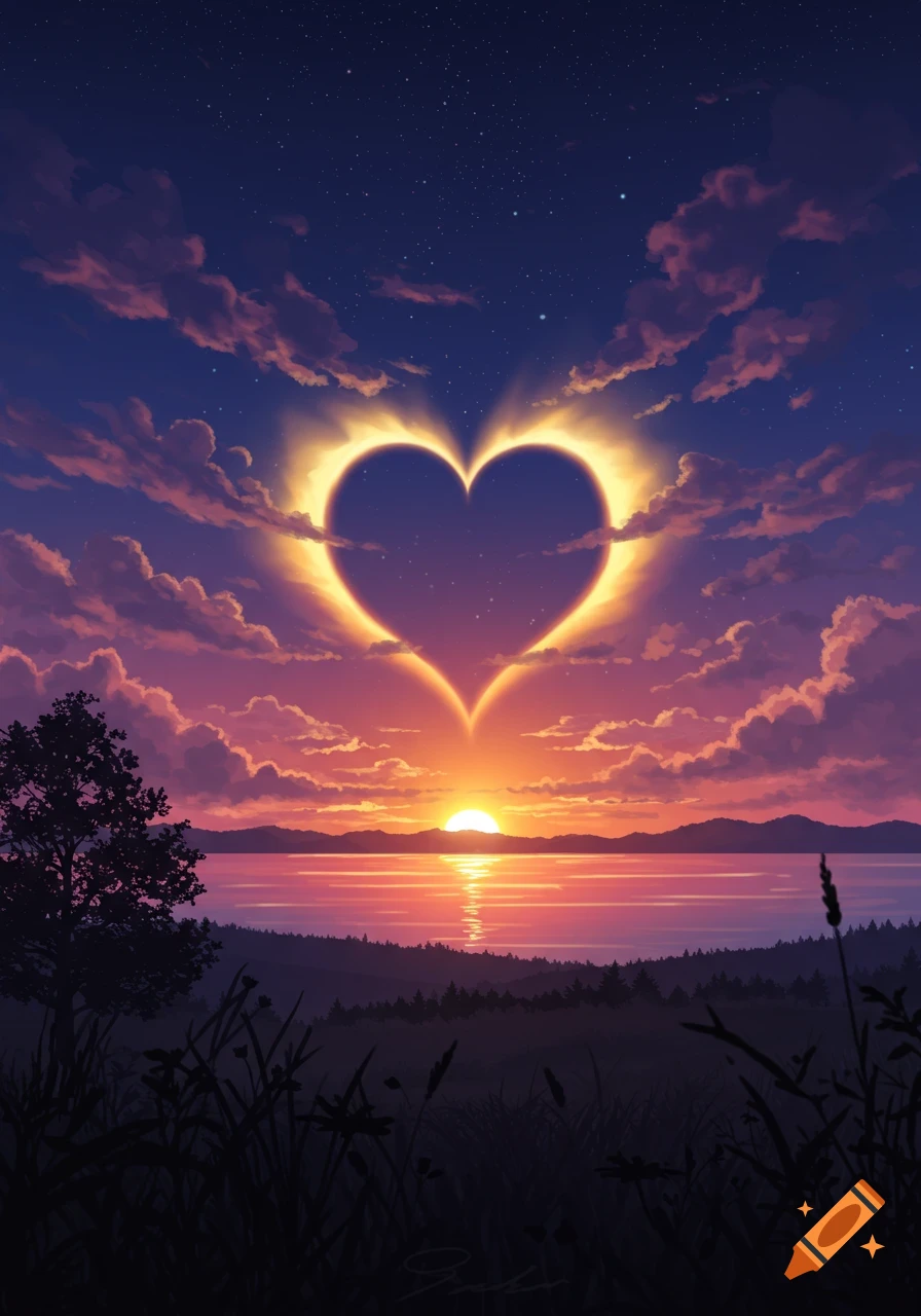 A vibrant heart-shaped solar eclipse illuminates a sunset landscape over a lake with mountains and foreground trees, under a starry sky.