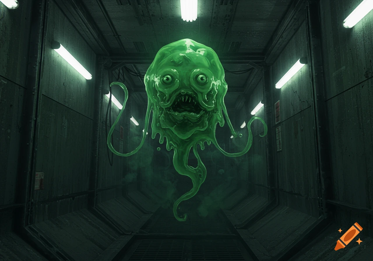 A grotesque green blob creature with large eyes and a jagged mouth floats in a dark, grimy metal hallway with fluorescent lights, emitting green smoke.
