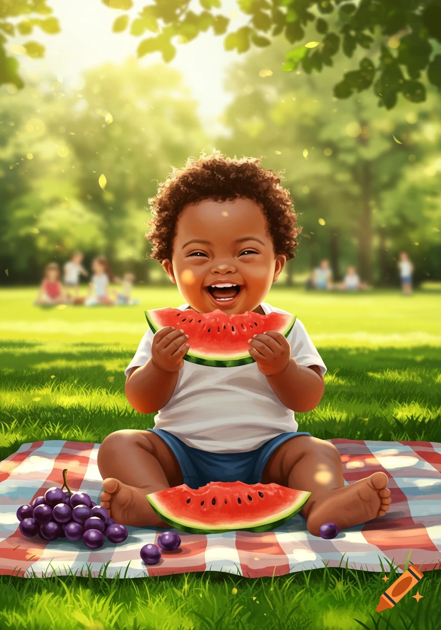 Happy baby with Down syndrome on a picnic blanket, eating watermelon, grapes nearby in a sunny park.