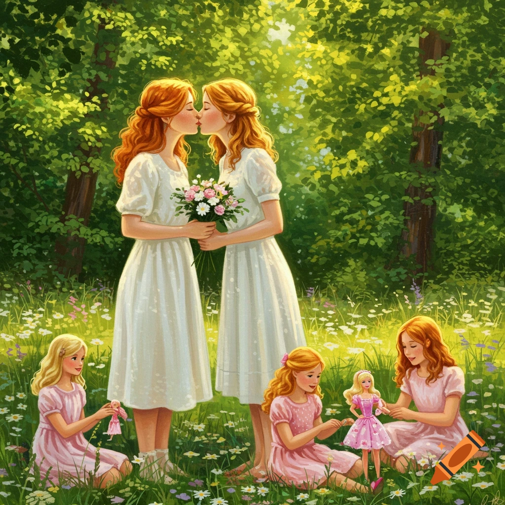 Two red-haired women kiss in a sunny forest meadow as young girls play with dolls, in an impressionistic style.
