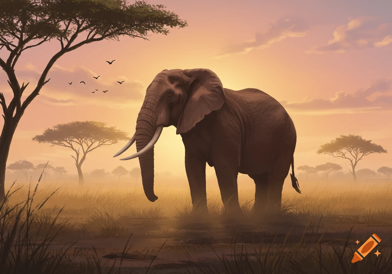 An elephant stands in a golden savanna at sunset, with acacia trees and birds silhouetted against the sky.