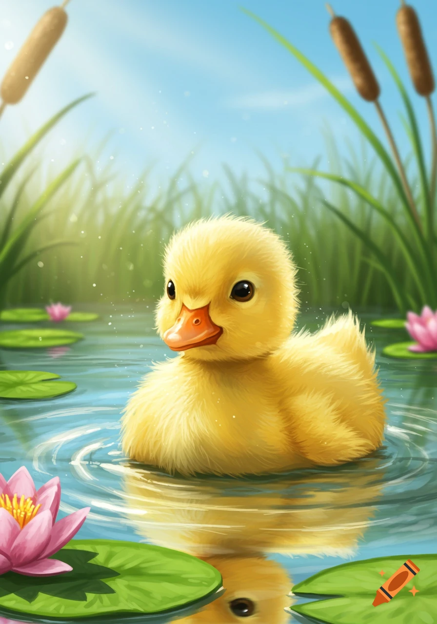A cute fluffy yellow duckling swims in a pond with pink water lilies and green lily pads, with reeds in the background.