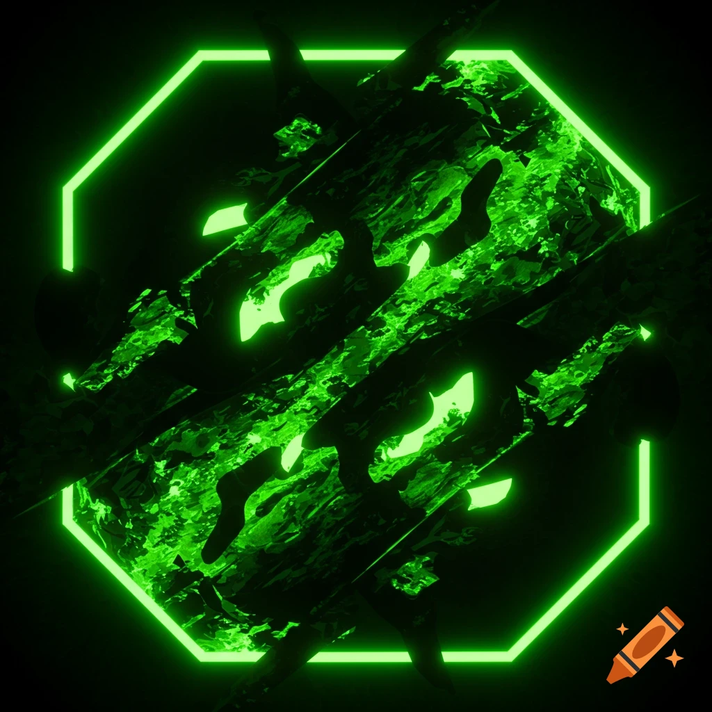 An abstract neon green octagon encircles dark, fractured elements with vibrant green glowing outlines against a black background.