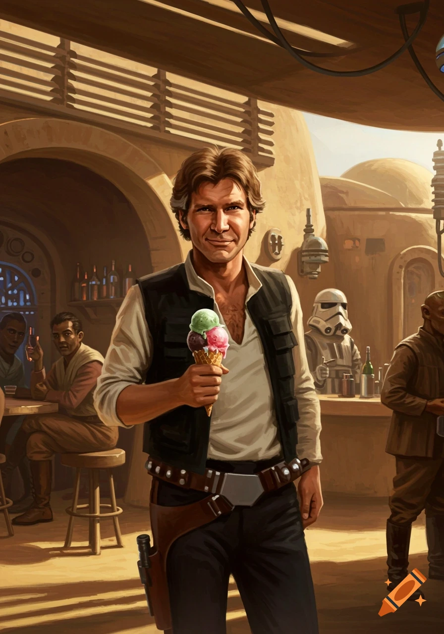 Illustration of Han Solo holding a multi-scoop ice cream cone in a bustling Star Wars cantina.