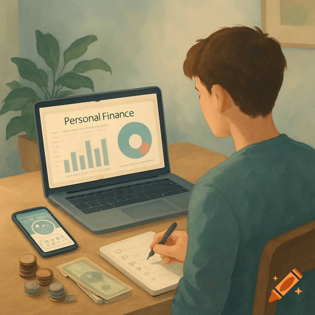 A person sits at a desk, looking at a laptop displaying 'Personal Finance' graphs. A smartphone, notebook, coins, and cash are on the desk.