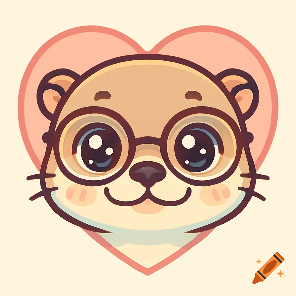 A cute anime-style otter wearing glasses with a pink heart background.
