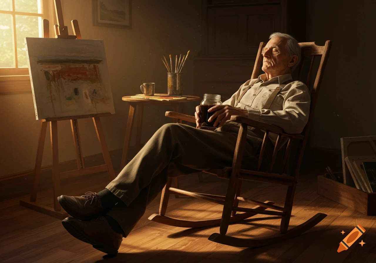 An old man falls asleep in a rocking chair, bathed in sunlight from a window, holding a jar of molasses next to an easel with an abstract painting.