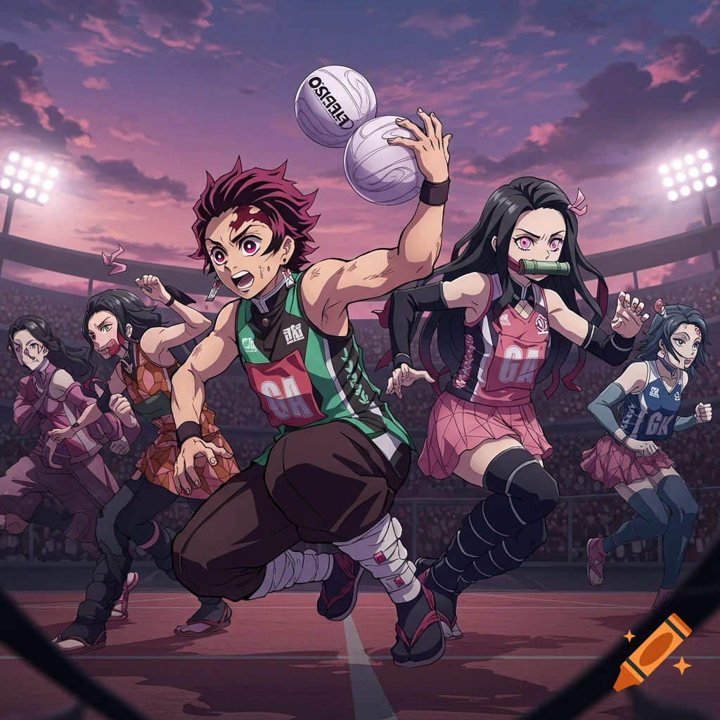 Anime characters from Demon Slayer playing netball in a stadium, with Tanjiro holding two balls and Nezuko running alongside.