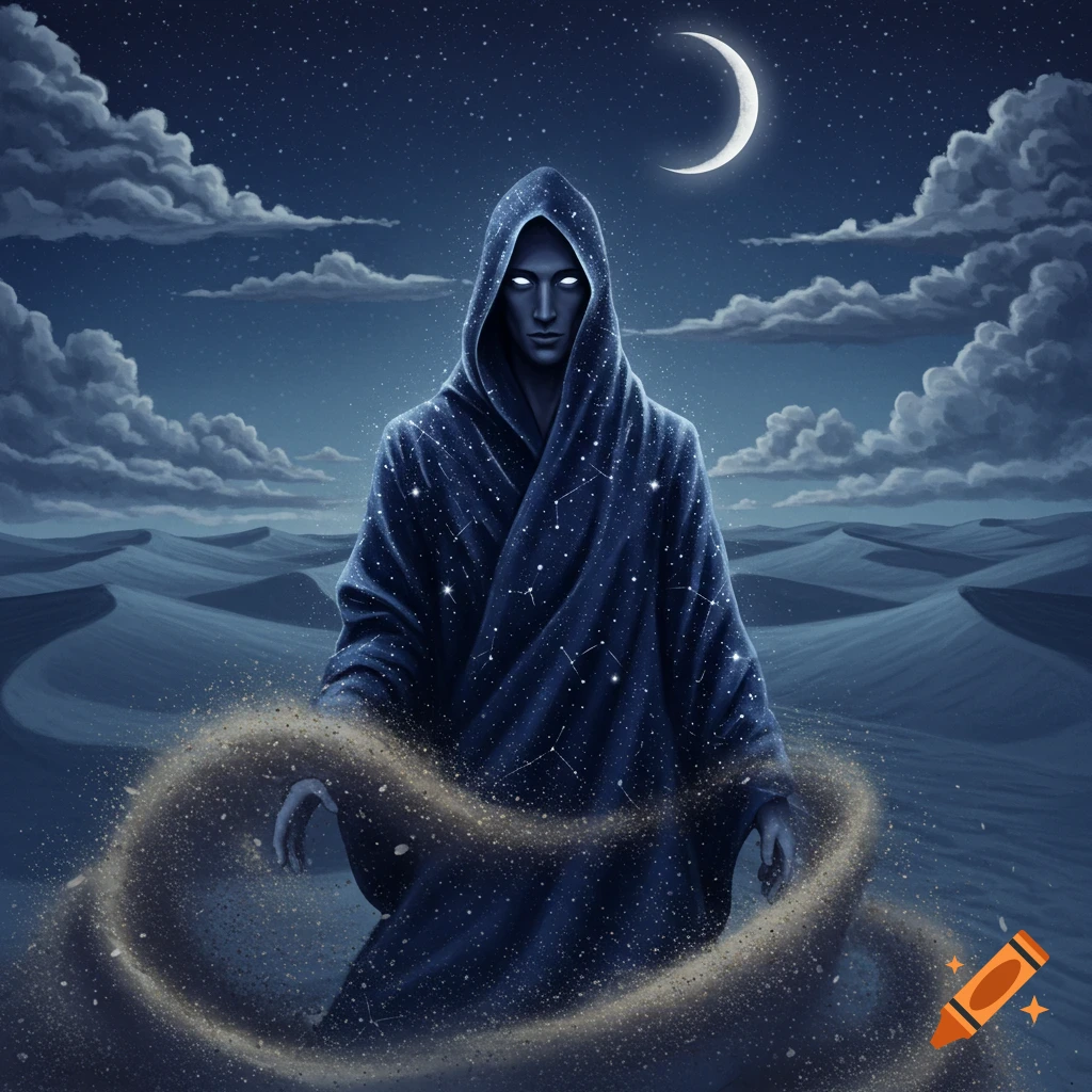 A hooded figure in a dark blue, starry robe with glowing eyes stands in a desert at night, sand swirling around them under a crescent moon and starry sky.