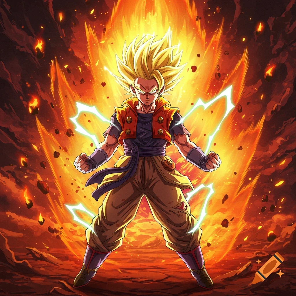 A powerful anime character with spiky blonde hair and a red vest stands amidst a fiery explosion with lightning bolts.