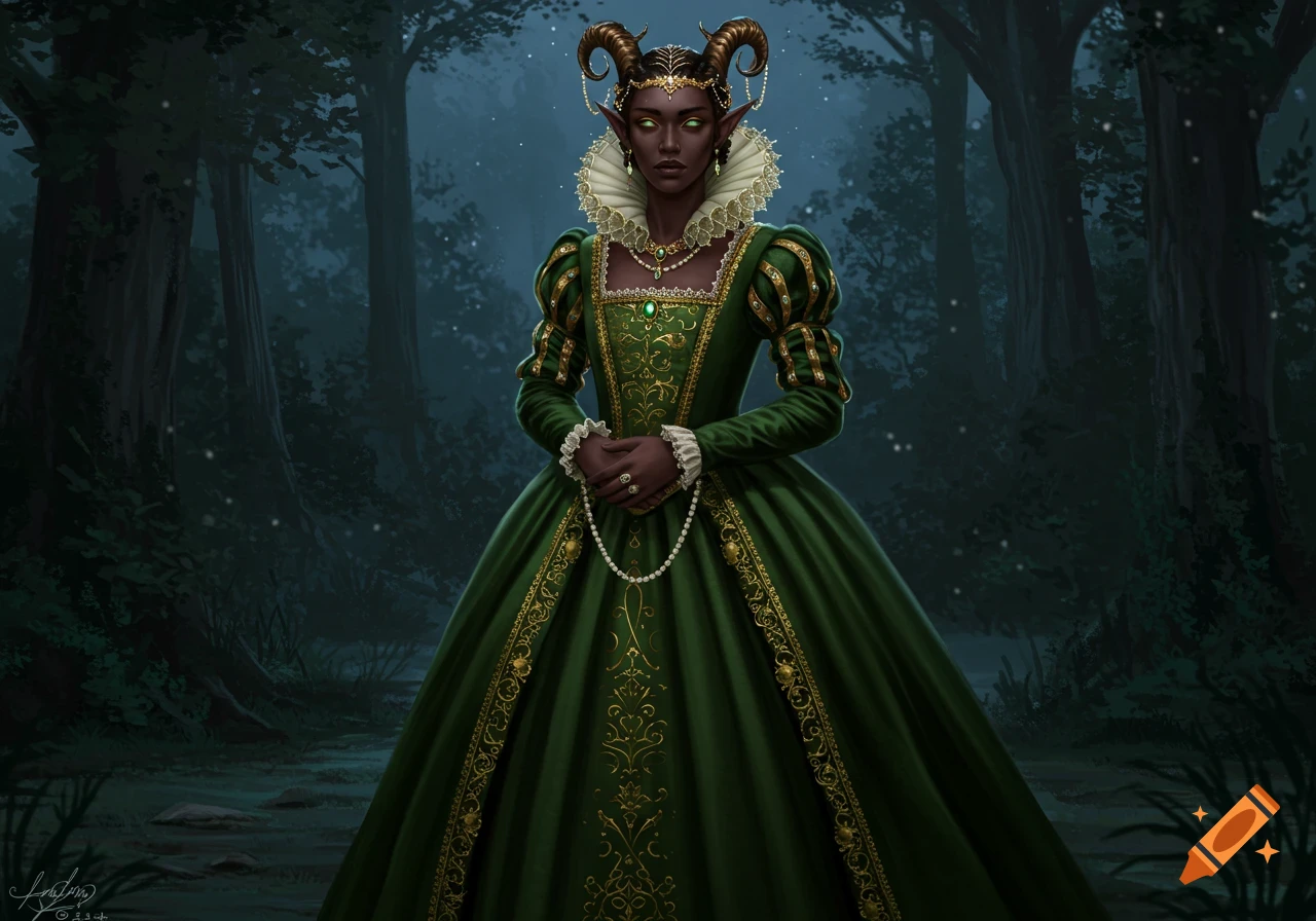 A dark-skinned elven woman with horns, wearing an elaborate green and gold historical gown, stands in a dark forest.