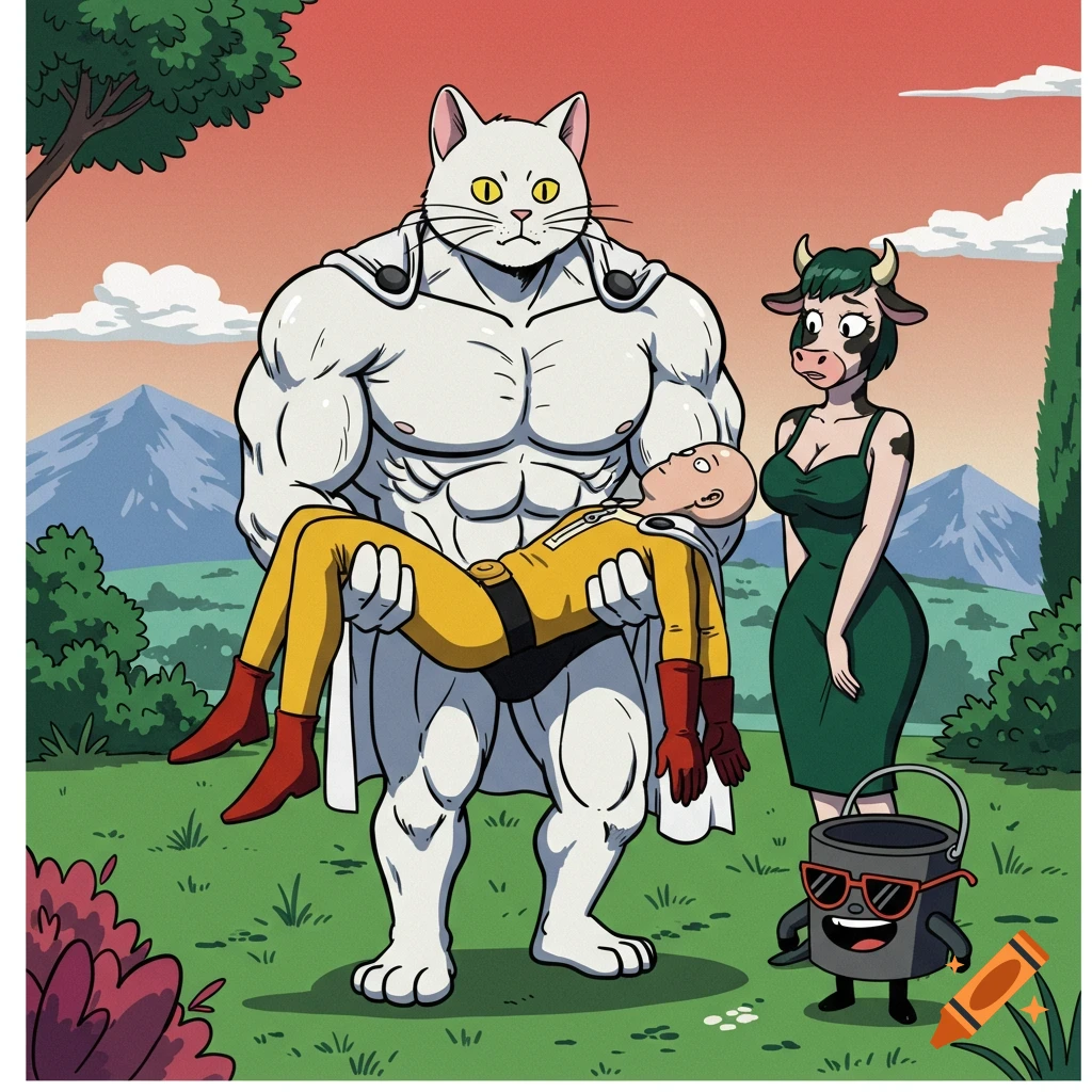 A muscular white cartoon cat carries Saitama as a cow-woman and a smiling bucket character watch in a grassy outdoor scene.