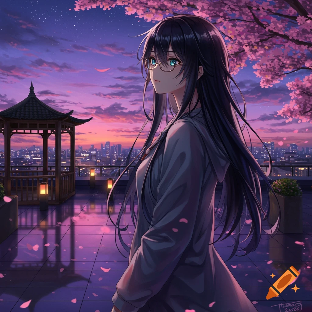 Anime girl with glasses on a rooftop at sunset, overlooking a cityscape with cherry blossoms and a gazebo.