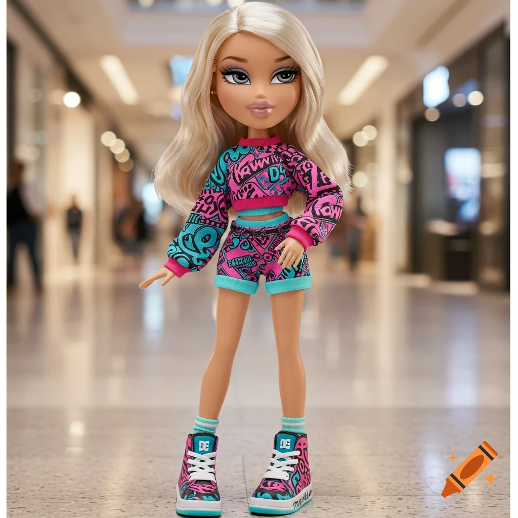 A blonde Bratz doll in a pink and blue graffiti-patterned crop top and shorts, with matching DC Shoes, stands in a mall.