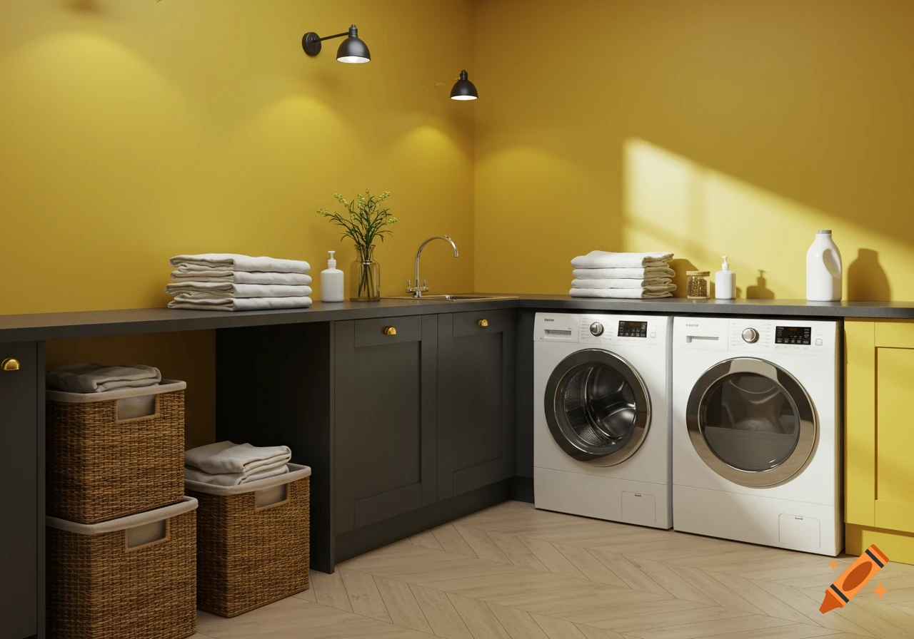 A modern laundry room with yellow walls, dark grey countertops, and a light wood herringbone floor. Two white washing machines, a sink, and woven baskets are visible.
