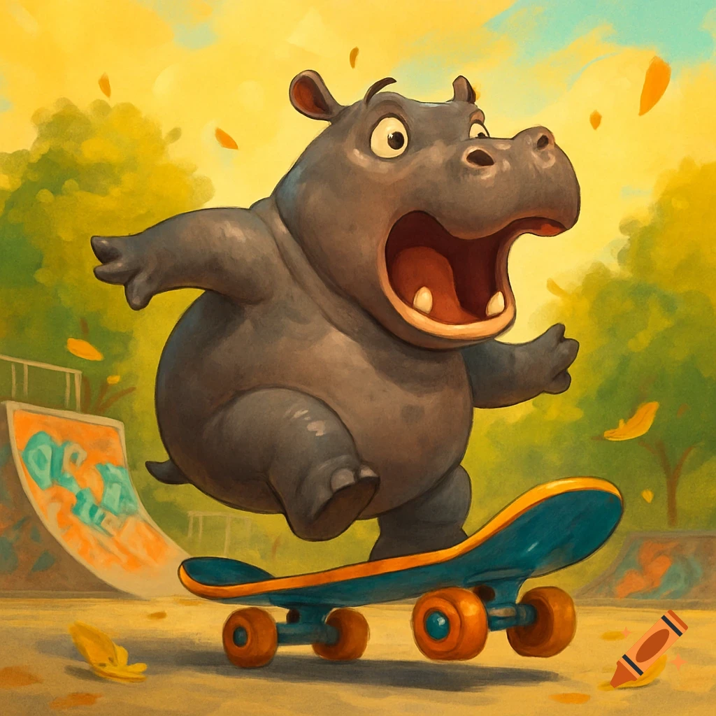 A surprised cartoon hippo with an open mouth rides a blue and orange skateboard through a sunny skate park.
