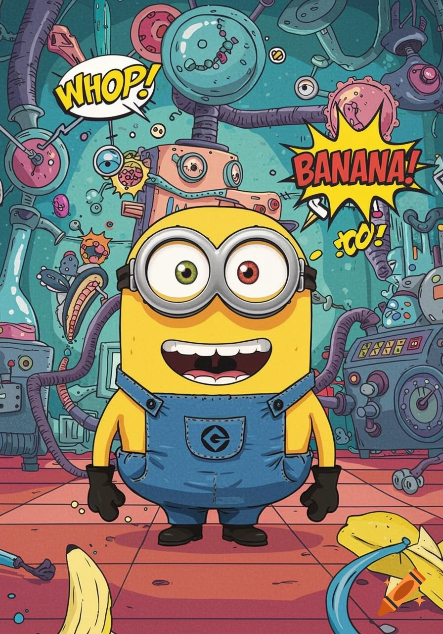 A happy cartoon Minion in overalls stands in a colorful, cluttered sci-fi lab with speech bubbles 'WHOP!' and 'BANANA!' in comic art style.