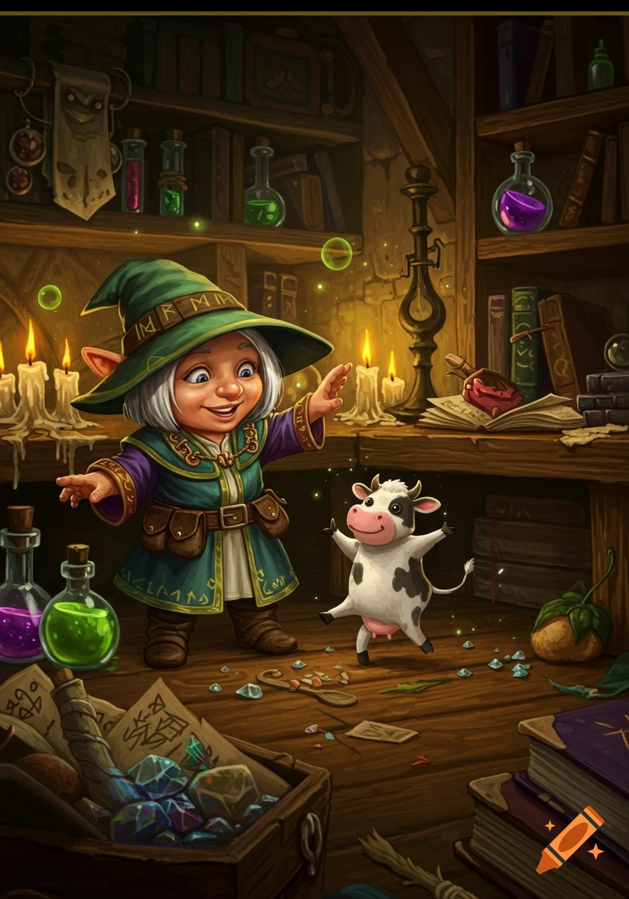 A whimsical gnomish wizard in a cluttered potion room, smiling at a small, anthropomorphic cow with human-like arms and legs.