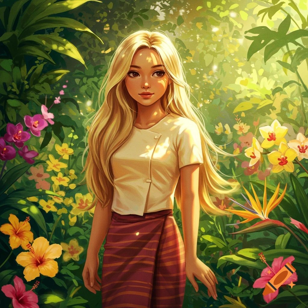Illustrated portrait of a young woman with long blonde hair standing in a vibrant, lush jungle with colorful flowers.