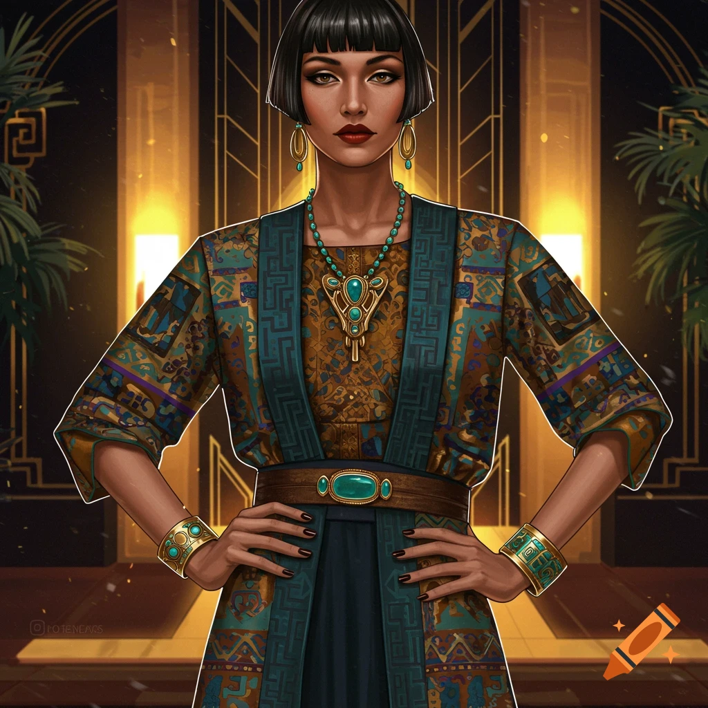 An elegant woman with a bob haircut wearing an ornate, colorful Art Deco-style robe and turquoise jewelry, hands on hips.