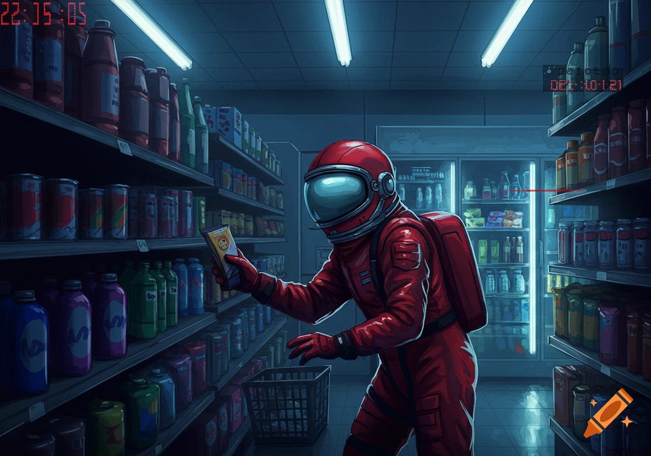 A red Among Us character in a spacesuit crouches in a dark convenience store aisle, holding a product while looking at shelves. A shopping basket is on the floor.