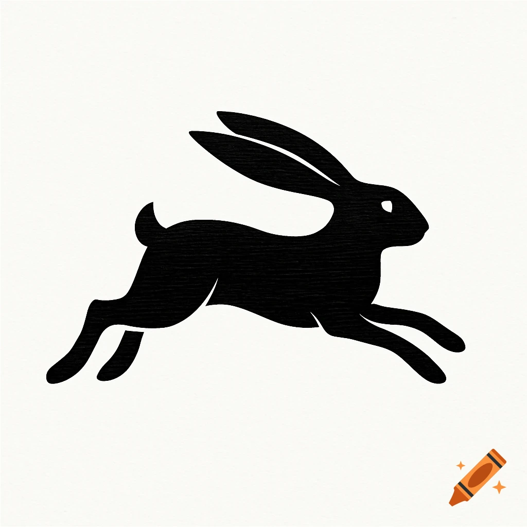 A black silhouette of a hare leaping to the right on a textured white background.