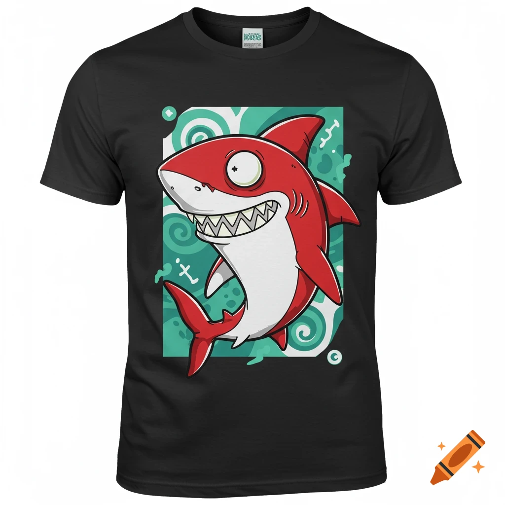 A black t-shirt features a vibrant cartoon of a grinning red and white shark with large eyes, set against a teal swirling background.