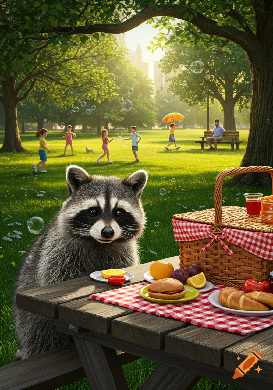 A photorealistic raccoon peeking over a picnic table with a red checkered cloth and food in a sunny city park with children playing.