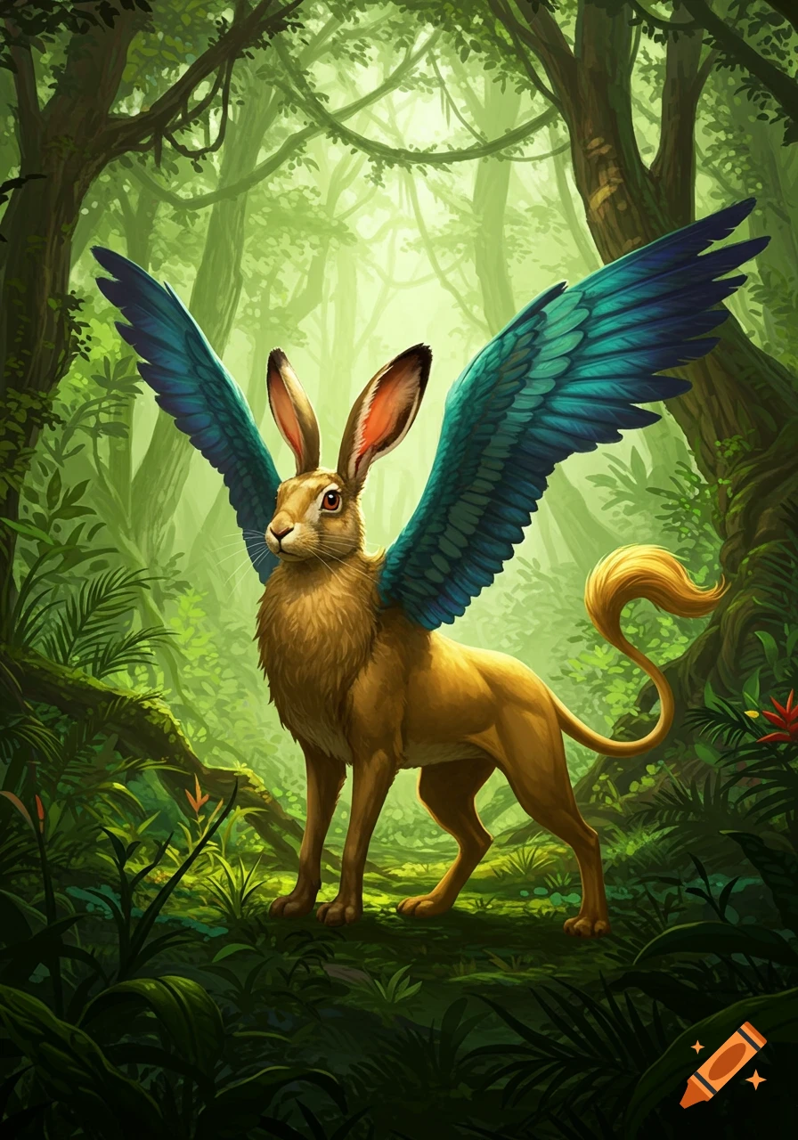 A mythical creature with a hare's head, lion's body, and bird wings stands in a lush, green jungle.