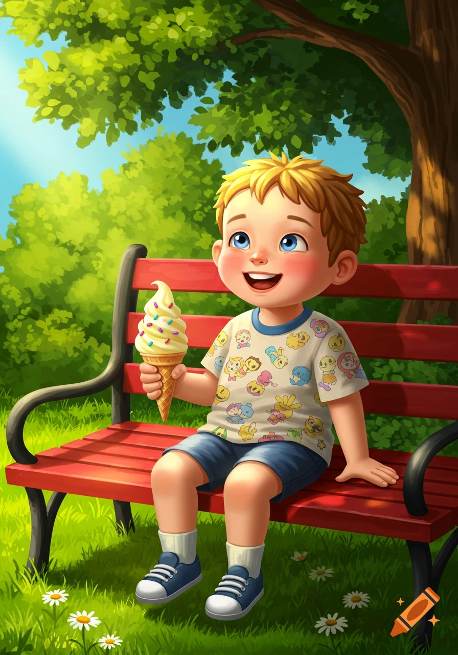 A smiling cartoon boy with blonde hair sits on a red park bench, happily holding an ice cream cone with sprinkles.