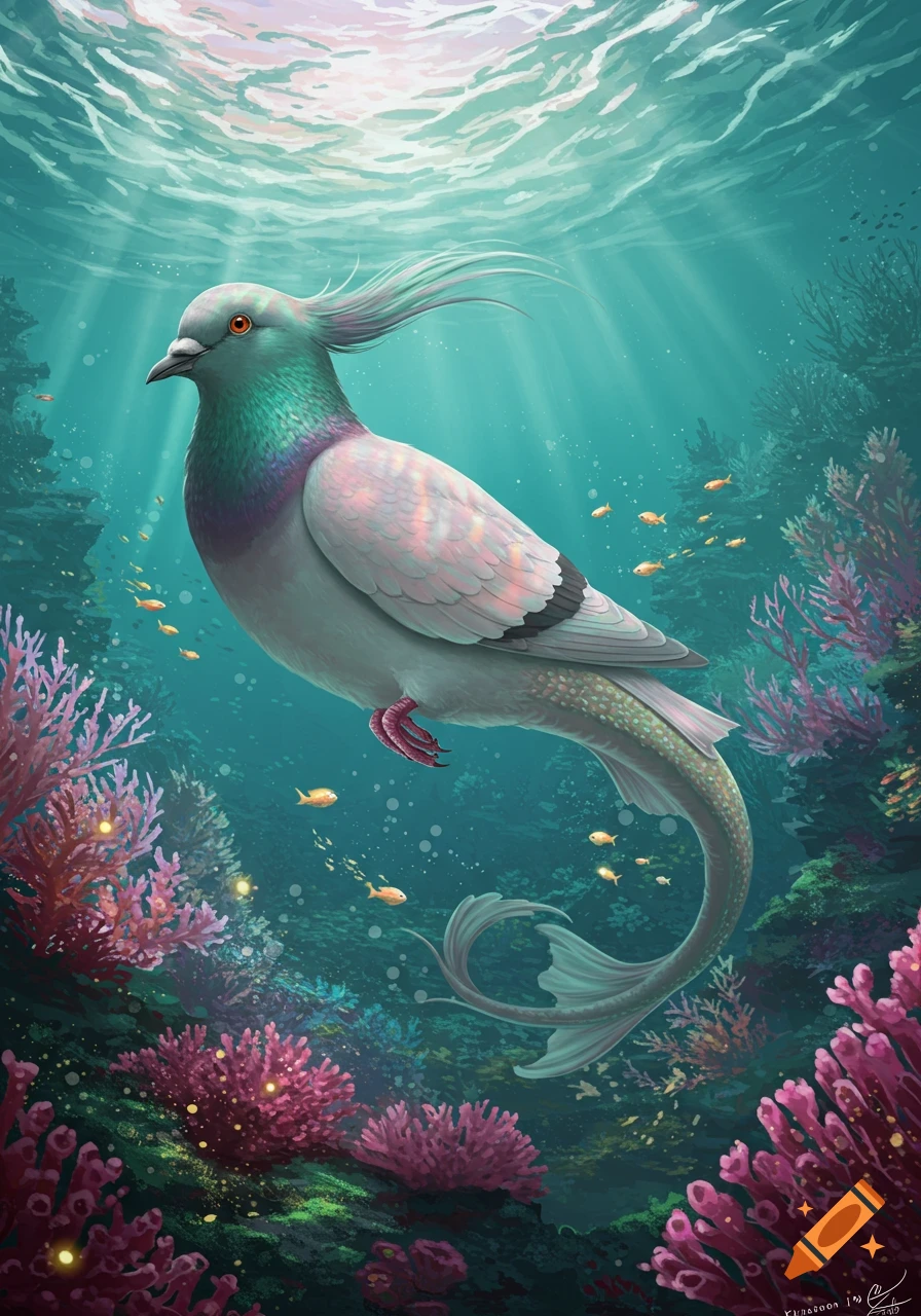 A majestic pigeon-like creature with a fish tail swims gracefully underwater amidst colorful coral and small fish, bathed in light rays from above.