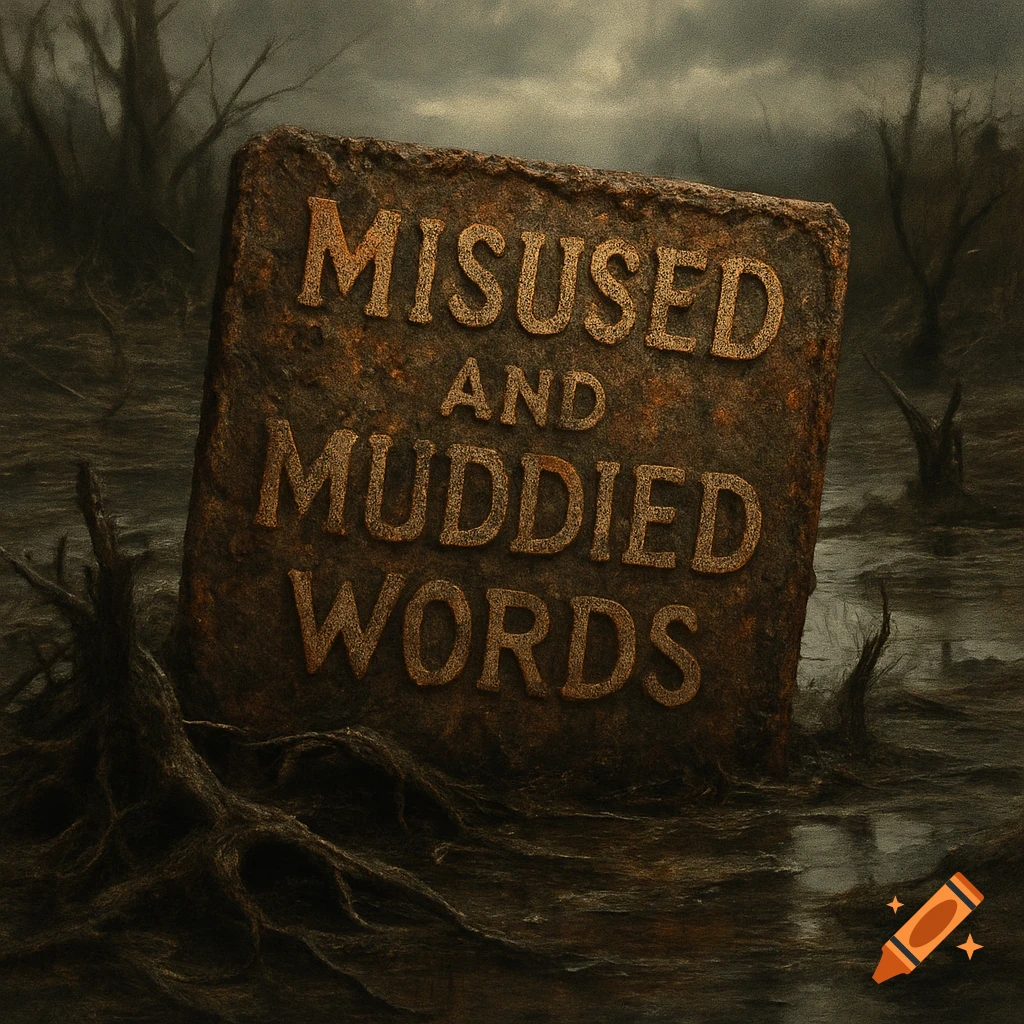 A large, rusty, mud-covered sign reading 'MISUSED AND MUDDIED WORDS' stands in a dark, desolate swamp.