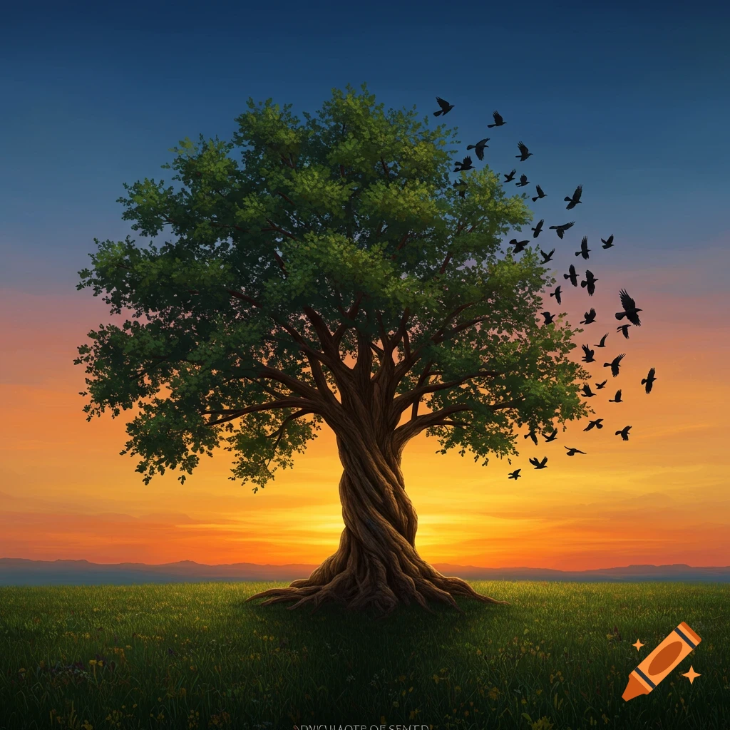 A vibrant tree with a twisted trunk in a green field at sunset, with crows flying away from its leaves.