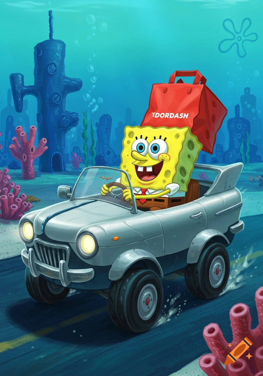 Spongebob SquarePants drives a grey car shaped like a boat underwater, carrying a red delivery bag in the back seat.