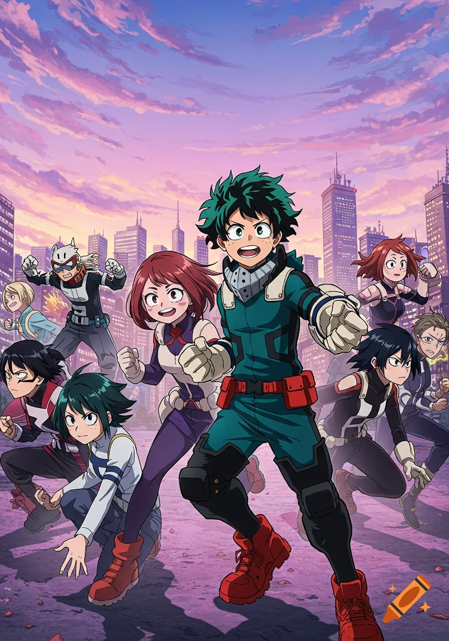 Anime characters, including Izuku Midoriya and Ochaco Uraraka, running in heroic poses against a cityscape and sunset sky.