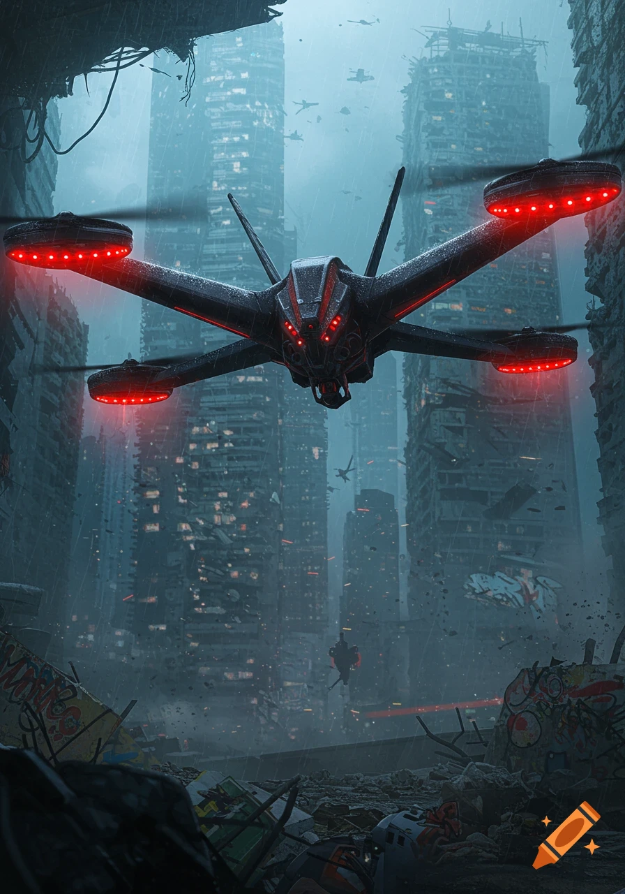 A dark, menacing drone with glowing red lights hovers over a futuristic, rainy, destroyed city. Debris litters the ground.