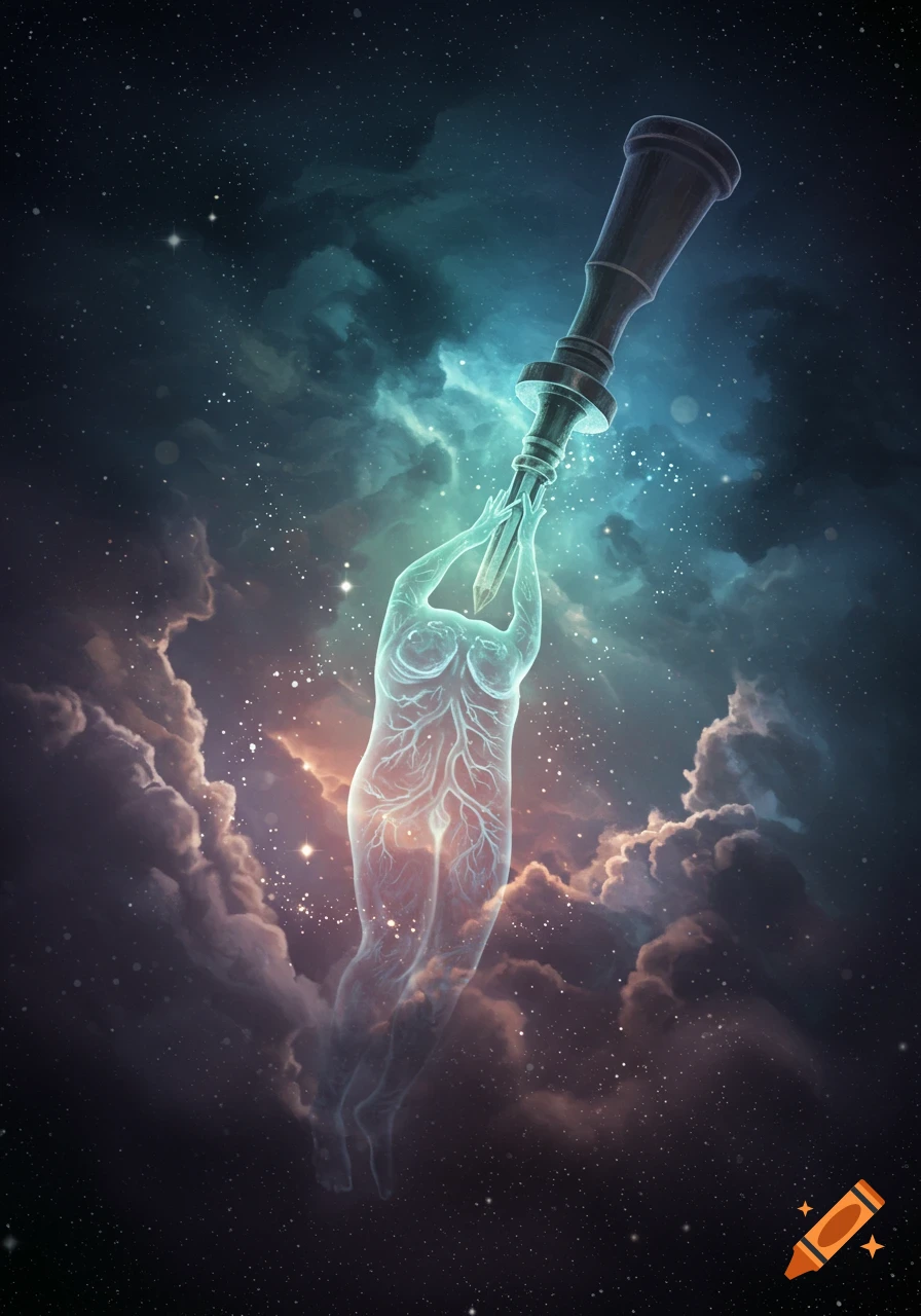 A glowing, ethereal figure reaching for a chisel-like object in a starry cosmic sky with colorful nebulae.