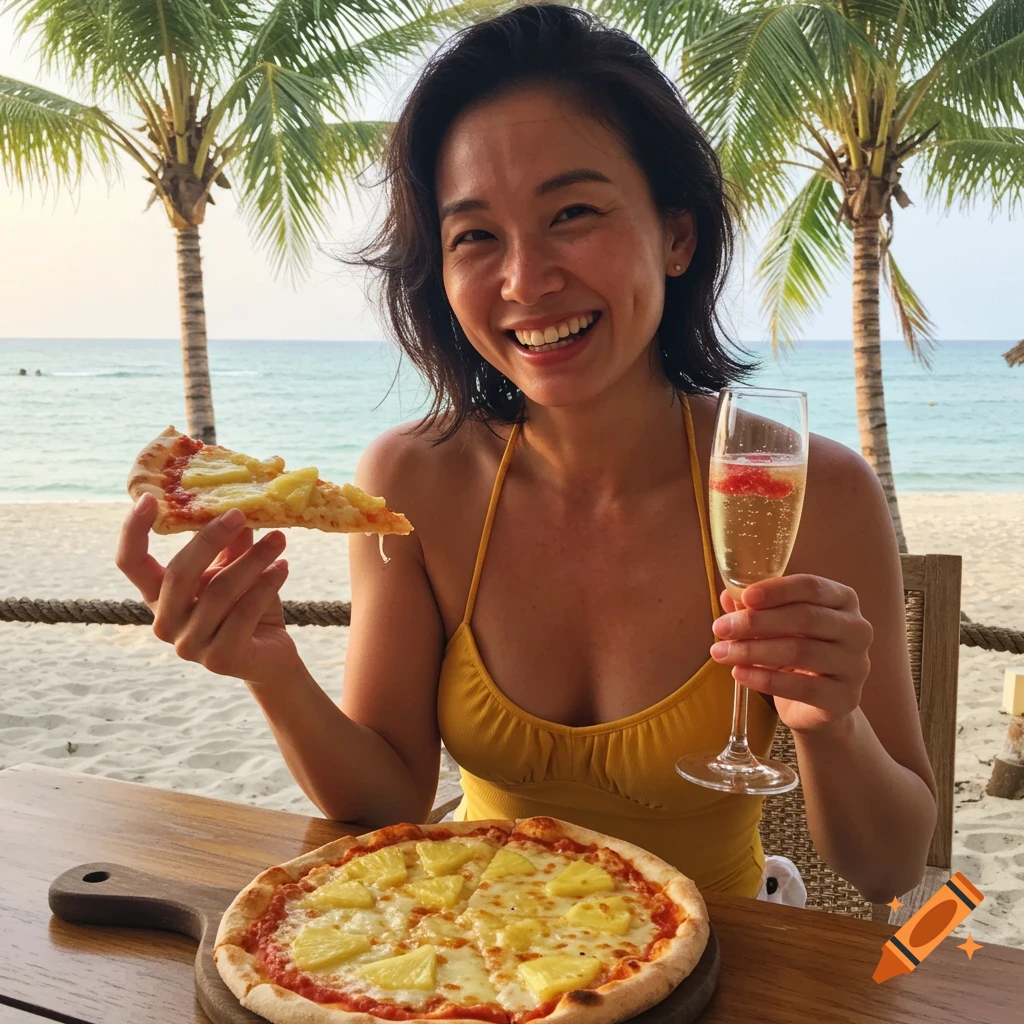 A smiling woman on a beach holding a slice of pineapple pizza and a glass of champagne.