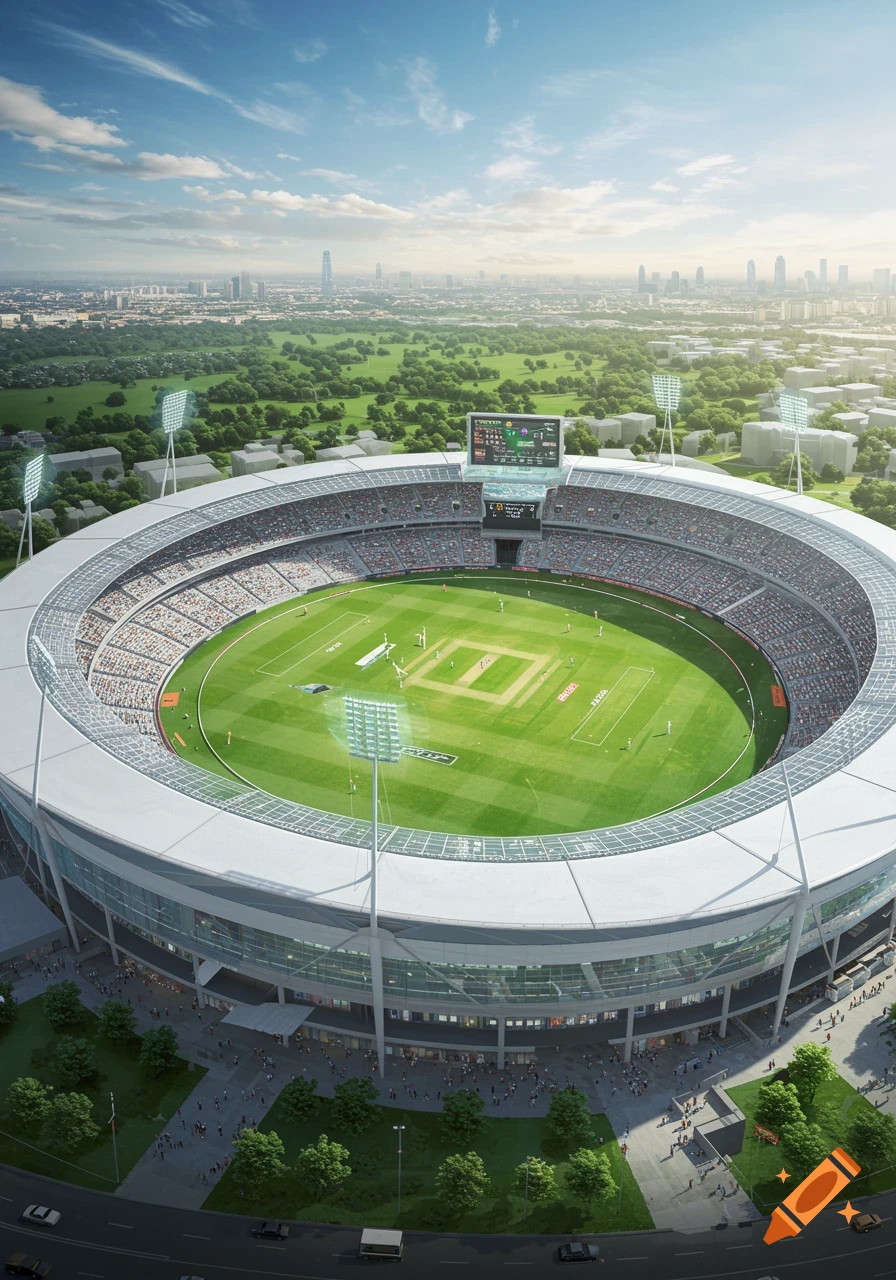 Aerial view of a modern, large cricket stadium filled with spectators, with a city skyline in the background.