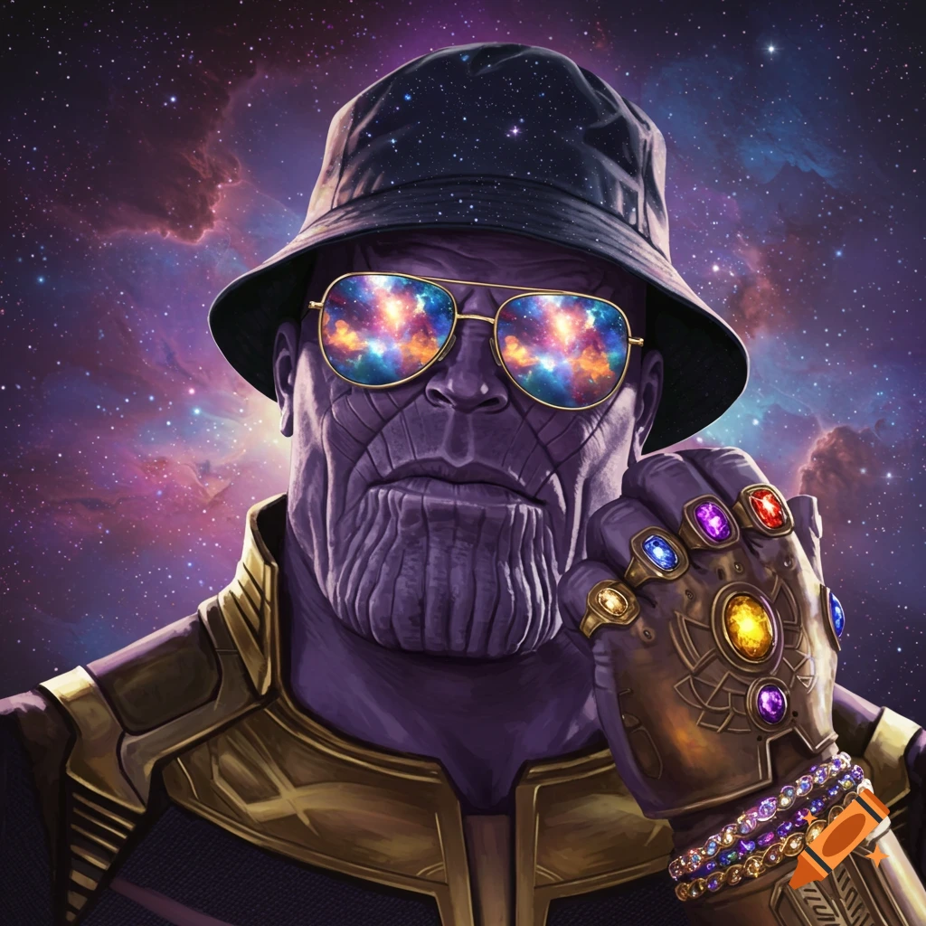 Thanos in a bucket hat and sunglasses, wearing the Infinity Gauntlet and jewelry, against a cosmic background.