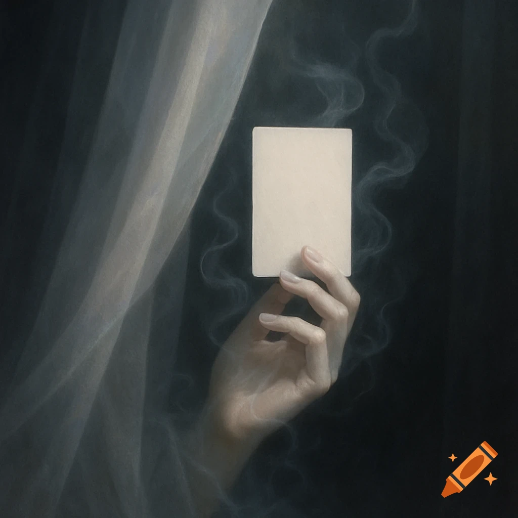 A pale, disembodied hand emerges from a flowing white veil, holding up a blank, rectangular card in an ethereal, mysterious setting.