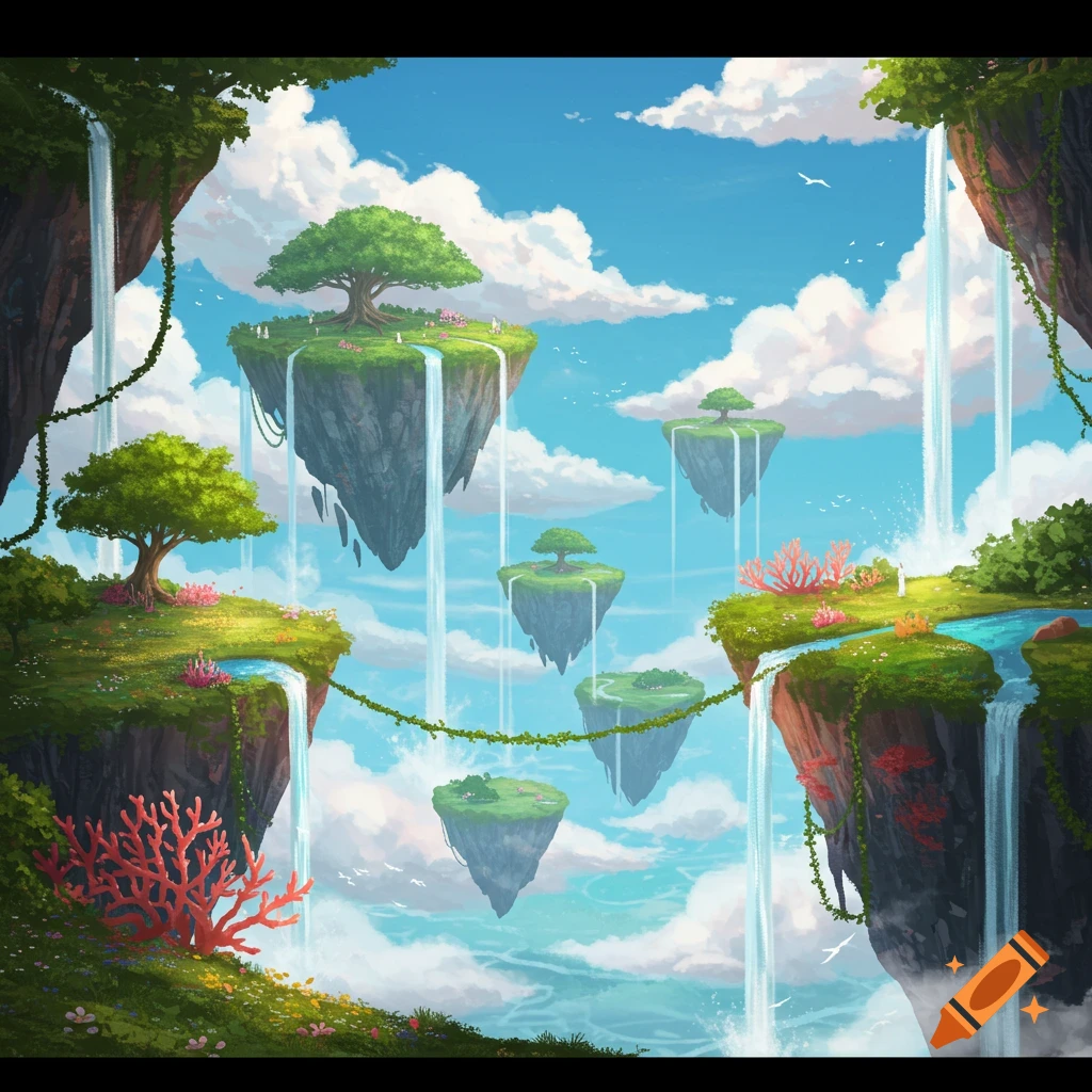A vibrant surreal landscape with multiple lush green floating islands, cascading waterfalls, and a bright blue sky with clouds.