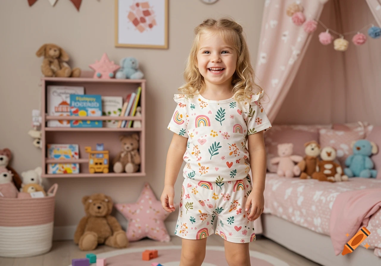 A smiling blonde girl in a rainbow-patterned outfit stands in a pastel-colored children's room with a bookshelf and toys.