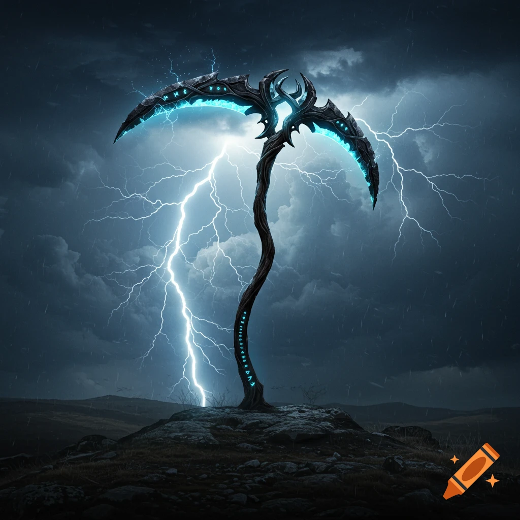 A dark, ornate scythe with glowing blue blades stands on a rocky hill under a stormy sky with lightning.
