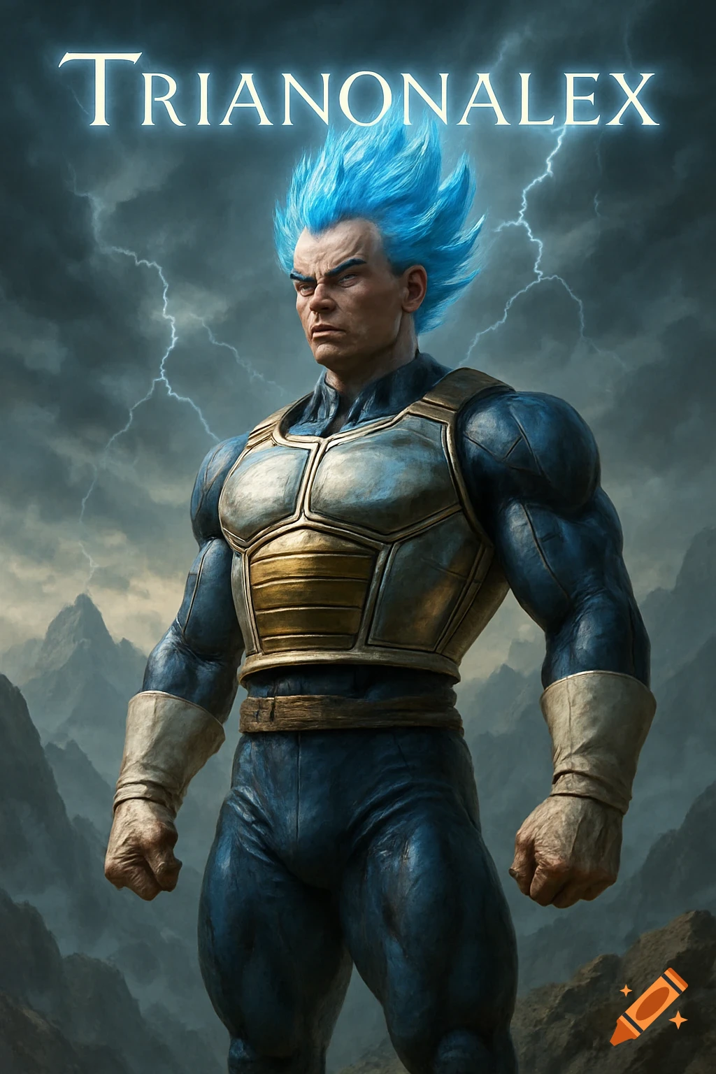 A photorealistic depiction of Dragon Ball Z's Vegeta with blue spiky hair and armor, standing in a stormy, mountainous landscape with lightning, with the word TRIANONALEX at the top.