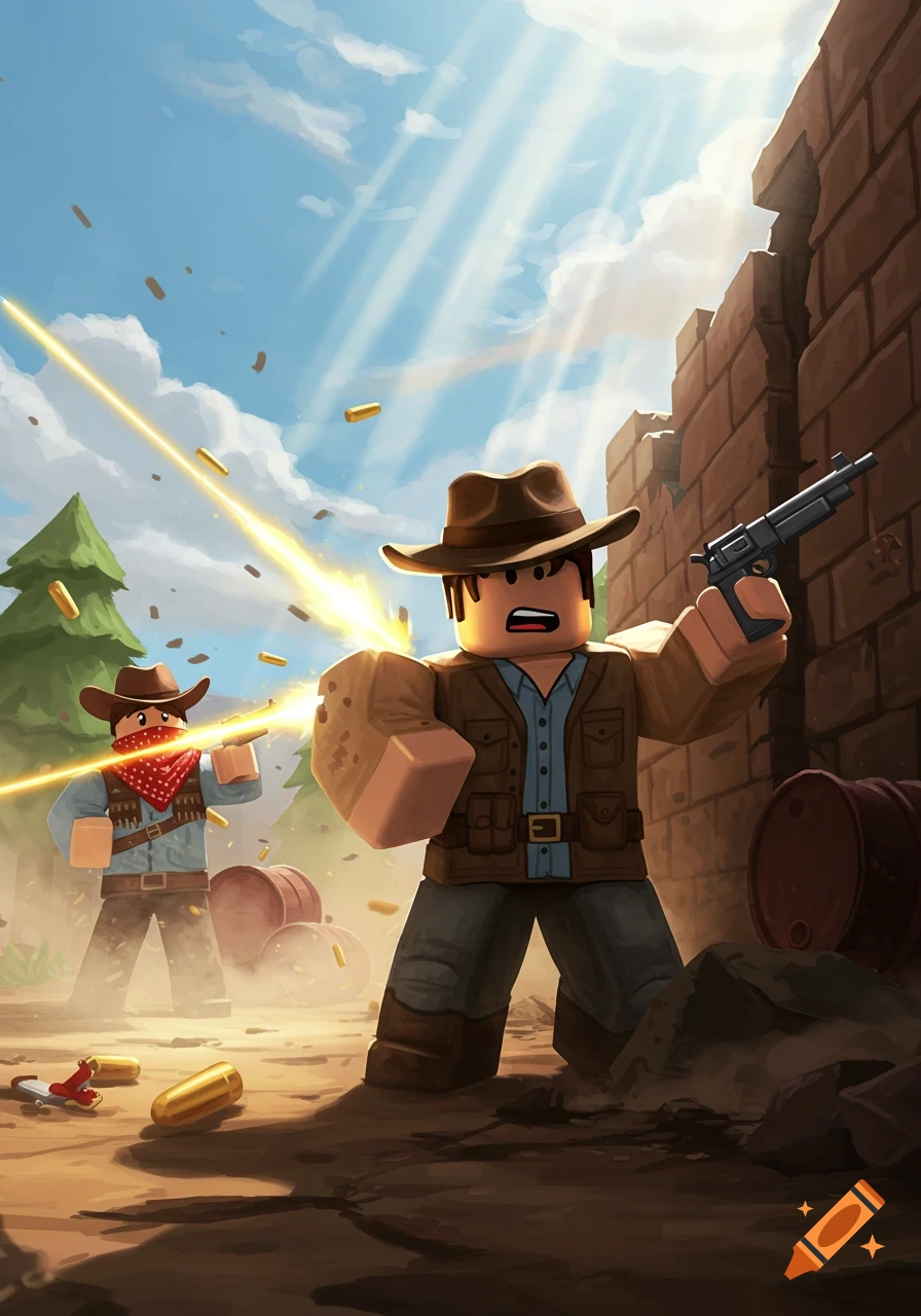 Two Roblox characters in cowboy hats engage in a dynamic shootout, one firing a revolver near a crumbling brick wall, in a stylized game art style.