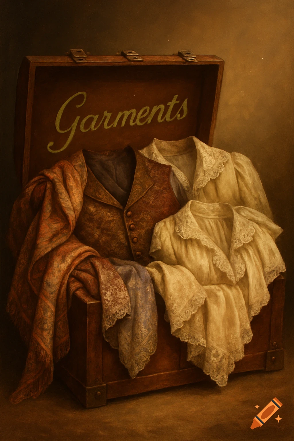 A still life painting of a wooden trunk filled with vintage clothing, including a brown waistcoat and white lace blouses. The word 'Garments' is written in green on the inside lid.