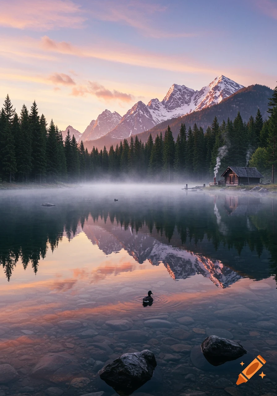 A serene mountain lake at sunrise, with mist over the water, a distant cabin, and snow-capped peaks reflecting in the water.